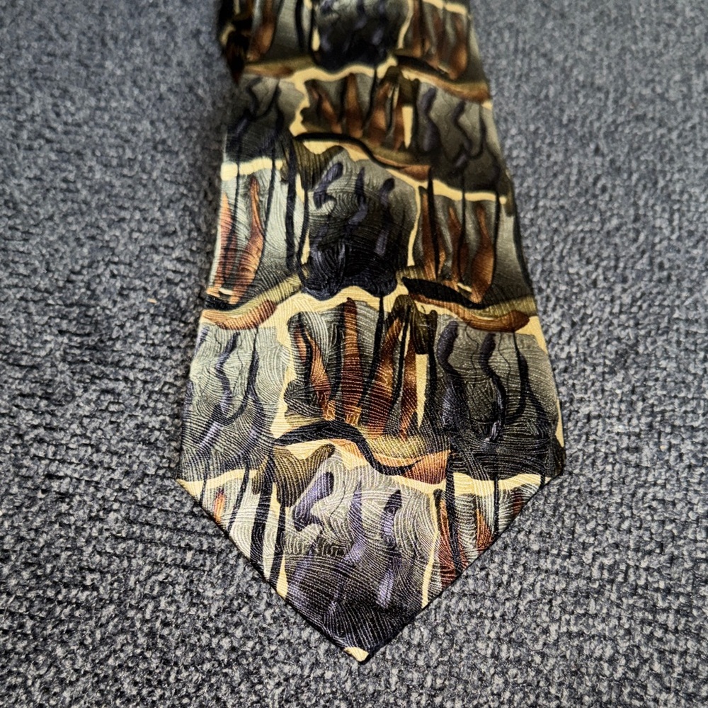 Jerry Garcia Scaly Monster and Blue Man Abstract Silk Tie Olive and Brown